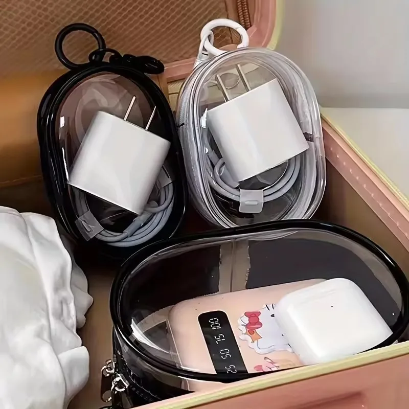Cable Winder Keychain - 휴대용 미니 투명 지퍼 수납 가방,